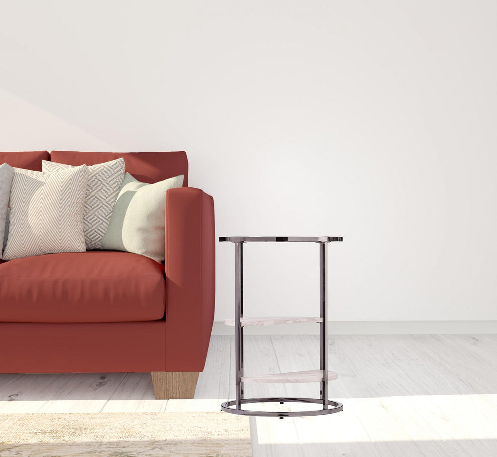 24" Black Metal Glass And Faux Marble Round End Table With Two Shelves - Homeroots