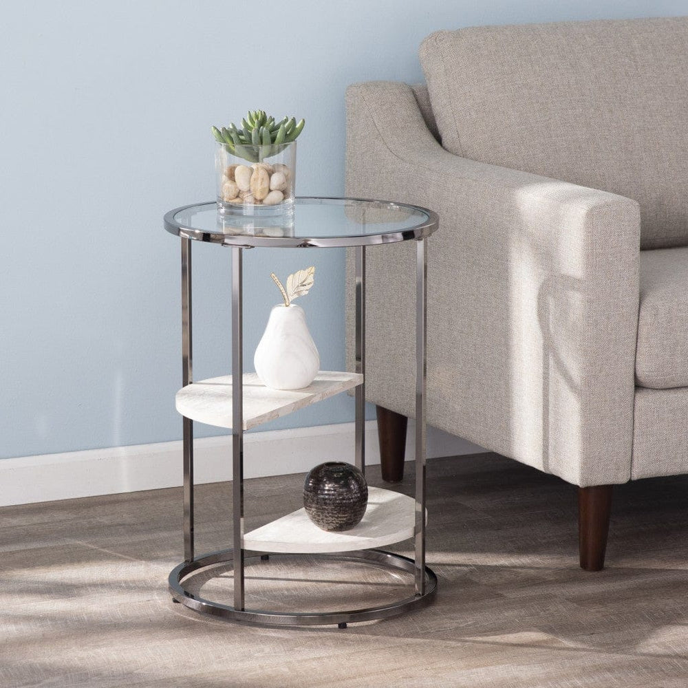 24" Black Metal Glass And Faux Marble Round End Table With Two Shelves - Homeroots
