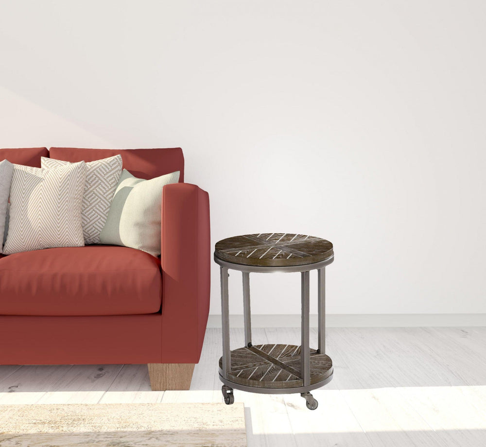 24" Brown Manufactured Wood And Iron Round End Table With Shelf - Homeroots