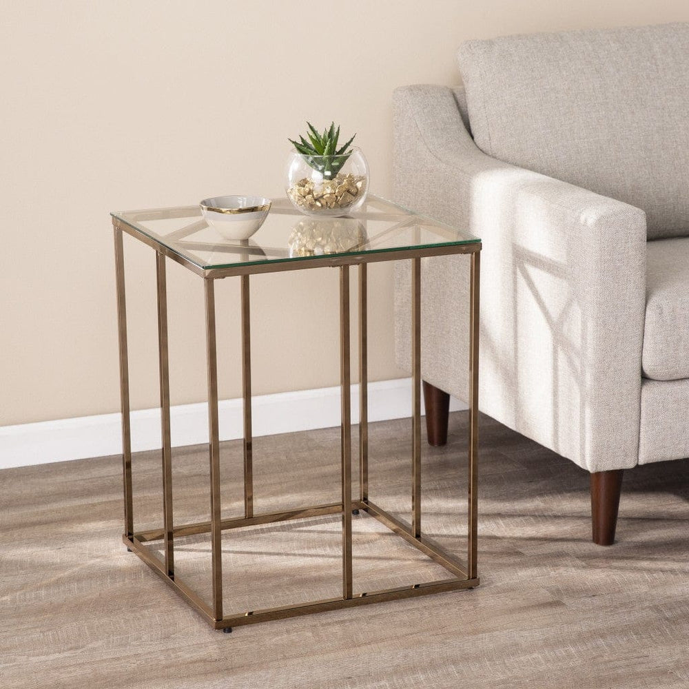 24" Champagne Glass And Iron Square End Table - Homeroots