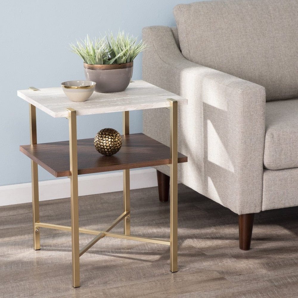 24" Brass Manufactured Wood And Iron Square End Table With Shelf - Homeroots