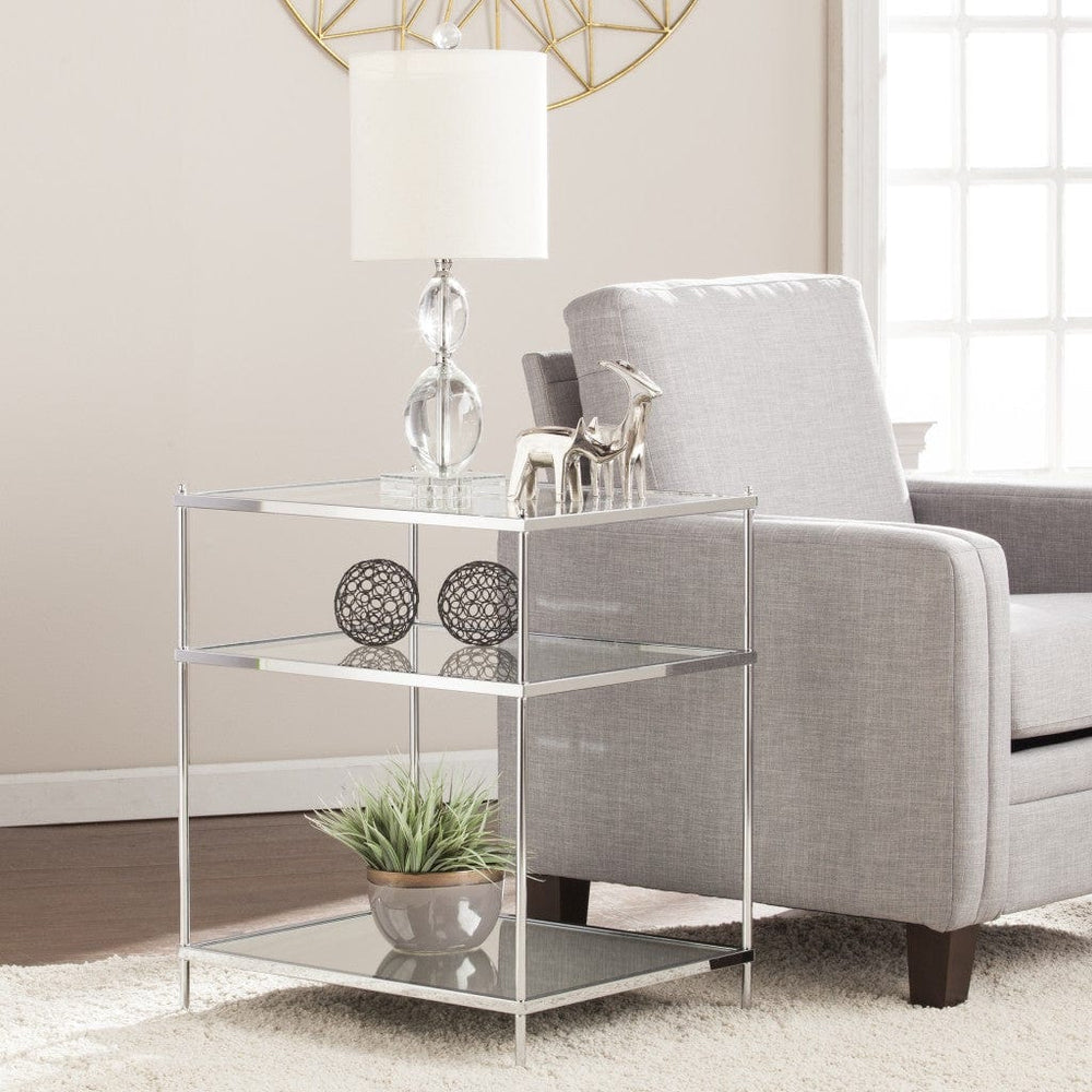 27" Chrome Glass And Iron Rectangular Mirrored End Table With Shelf - Homeroots - Flyclothing LLC