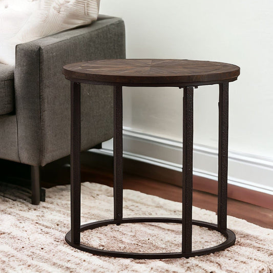 24" Natural Wood Solid Wood And Iron Round End Table - Homeroots