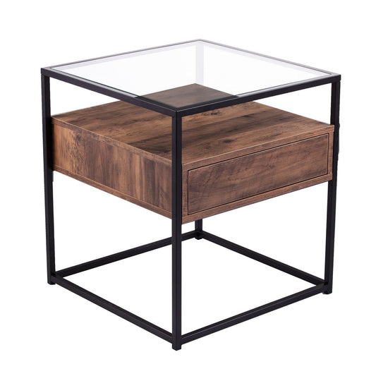 22" Black Glass And Iron Square End Table With Drawer With Shelf - Homeroots