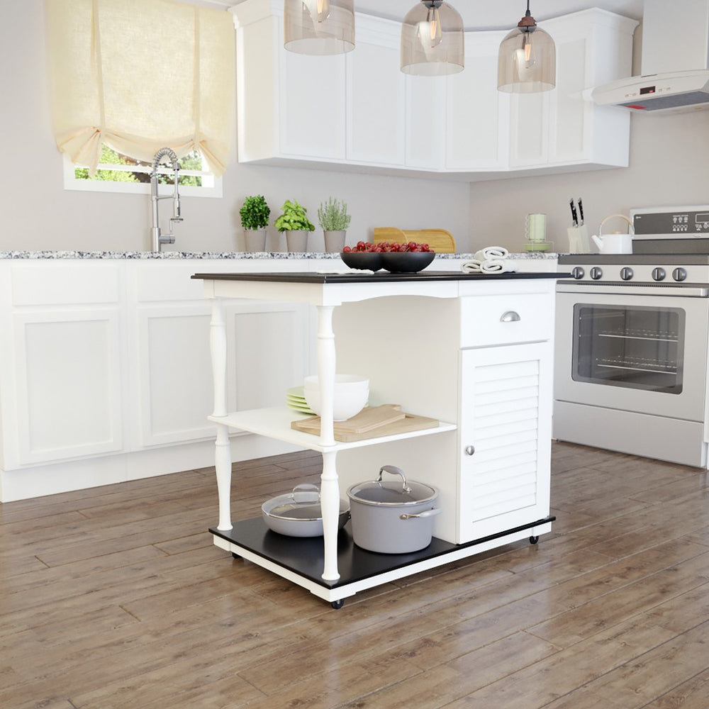 Black and White and Black 39" Rolling Kitchen Island With Storage - Homeroots - Flyclothing LLC