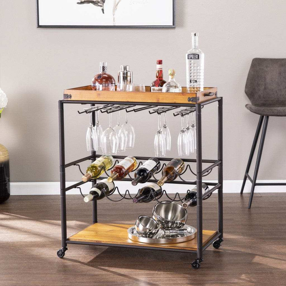 Brown and Black Metal And Solid Wood Rolling Bar Cart With Wine Storage - Homeroots - Flyclothing LLC