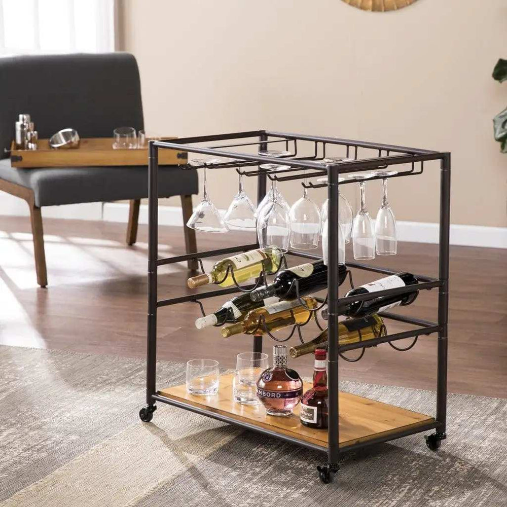 Brown and Black Metal And Solid Wood Rolling Bar Cart With Wine Storage - Homeroots - Flyclothing LLC