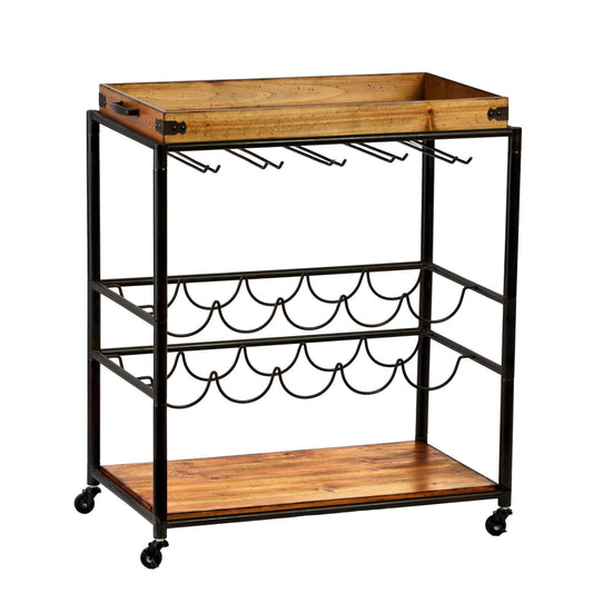 Brown and Black Metal And Solid Wood Rolling Bar Cart With Wine Storage - Homeroots - Flyclothing LLC