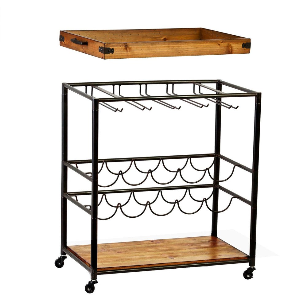 Brown and Black Metal And Solid Wood Rolling Bar Cart With Wine Storage - Homeroots - Flyclothing LLC