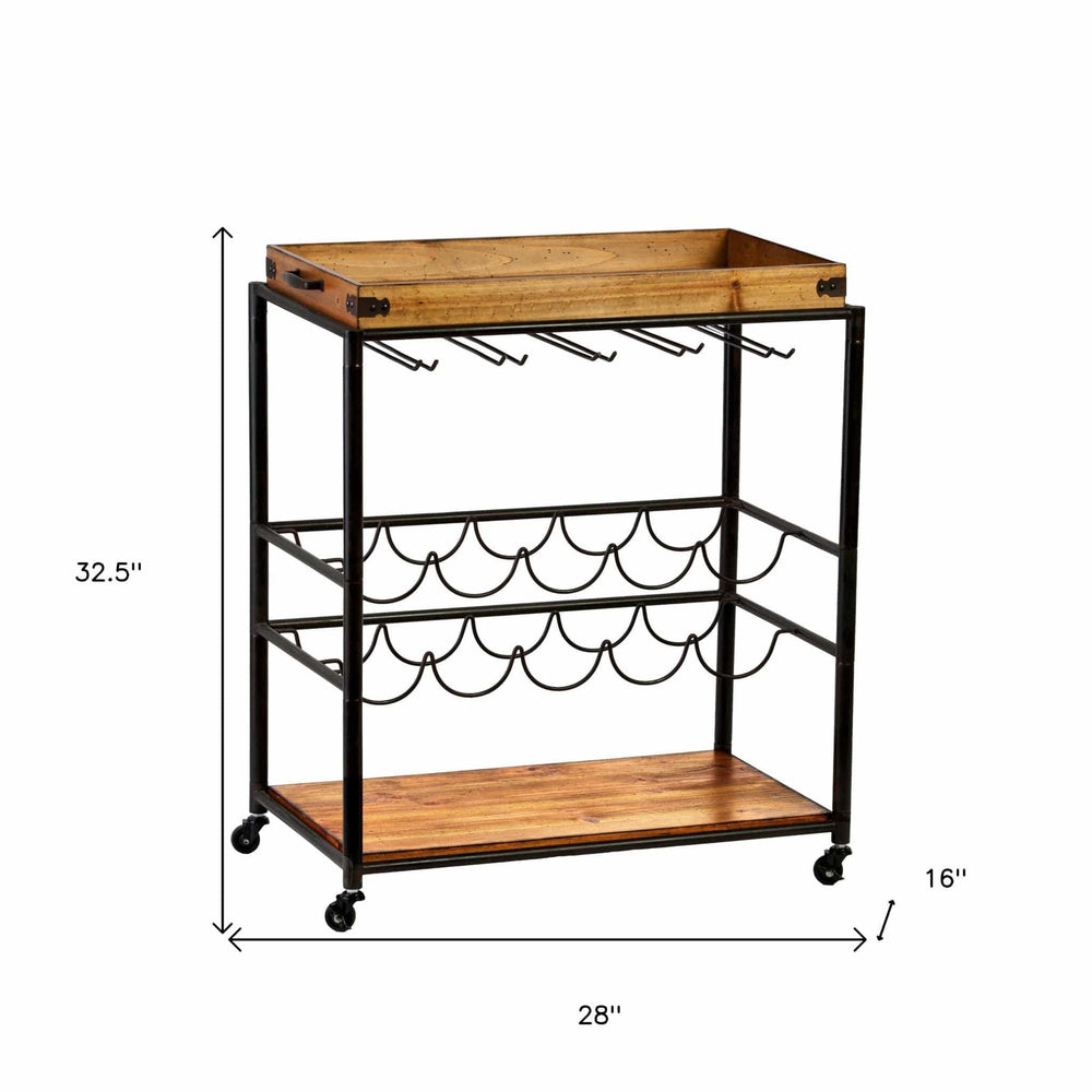 Brown and Black Metal And Solid Wood Rolling Bar Cart With Wine Storage - Homeroots - Flyclothing LLC