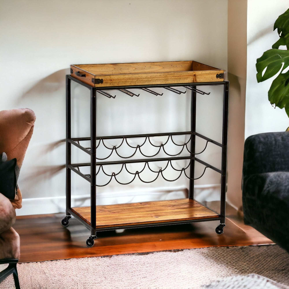 Brown and Black Metal And Solid Wood Rolling Bar Cart With Wine Storage - Homeroots - Flyclothing LLC