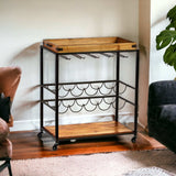 Brown and Black Metal And Solid Wood Rolling Bar Cart With Wine Storage - Homeroots - Flyclothing LLC