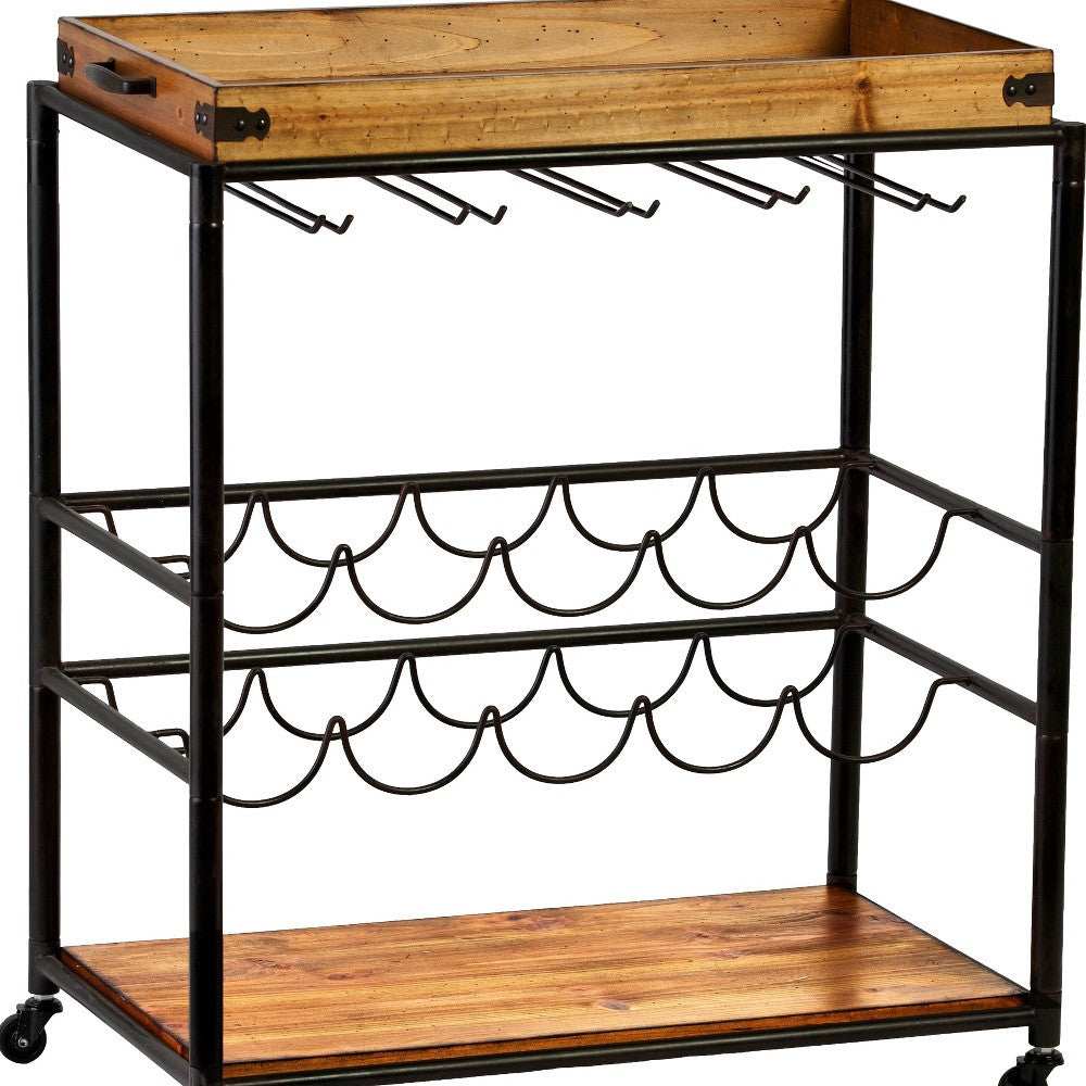 Brown and Black Metal And Solid Wood Rolling Bar Cart With Wine Storage - Homeroots - Flyclothing LLC