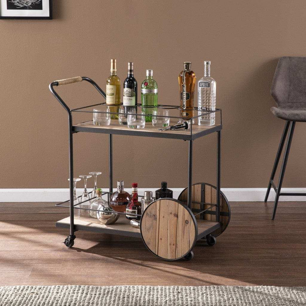 Natural and Black Iron And Reclaimed Wood Rolling Bar Cart With Wine Storage - Homeroots - Flyclothing LLC