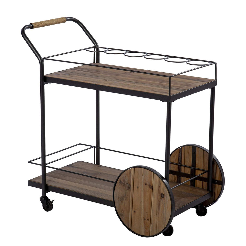 Natural and Black Iron And Reclaimed Wood Rolling Bar Cart With Wine Storage - Homeroots - Flyclothing LLC