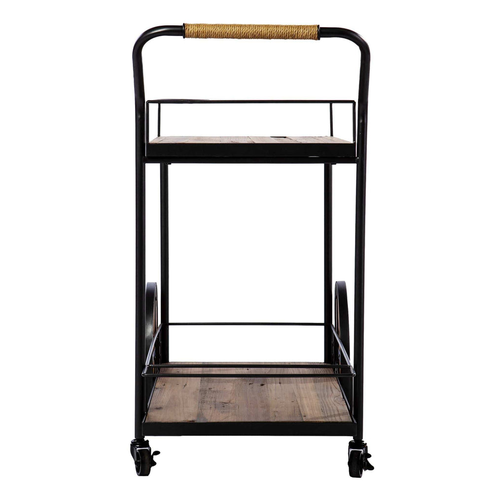 Natural and Black Iron And Reclaimed Wood Rolling Bar Cart With Wine Storage - Homeroots - Flyclothing LLC