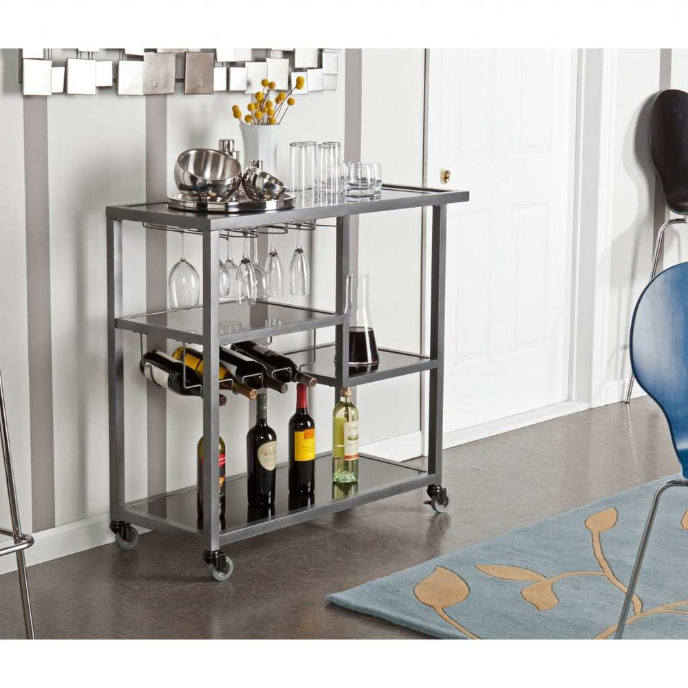 Black and Gray Glass Rolling Bar Cart With Wine Storage - Homeroots - Flyclothing LLC
