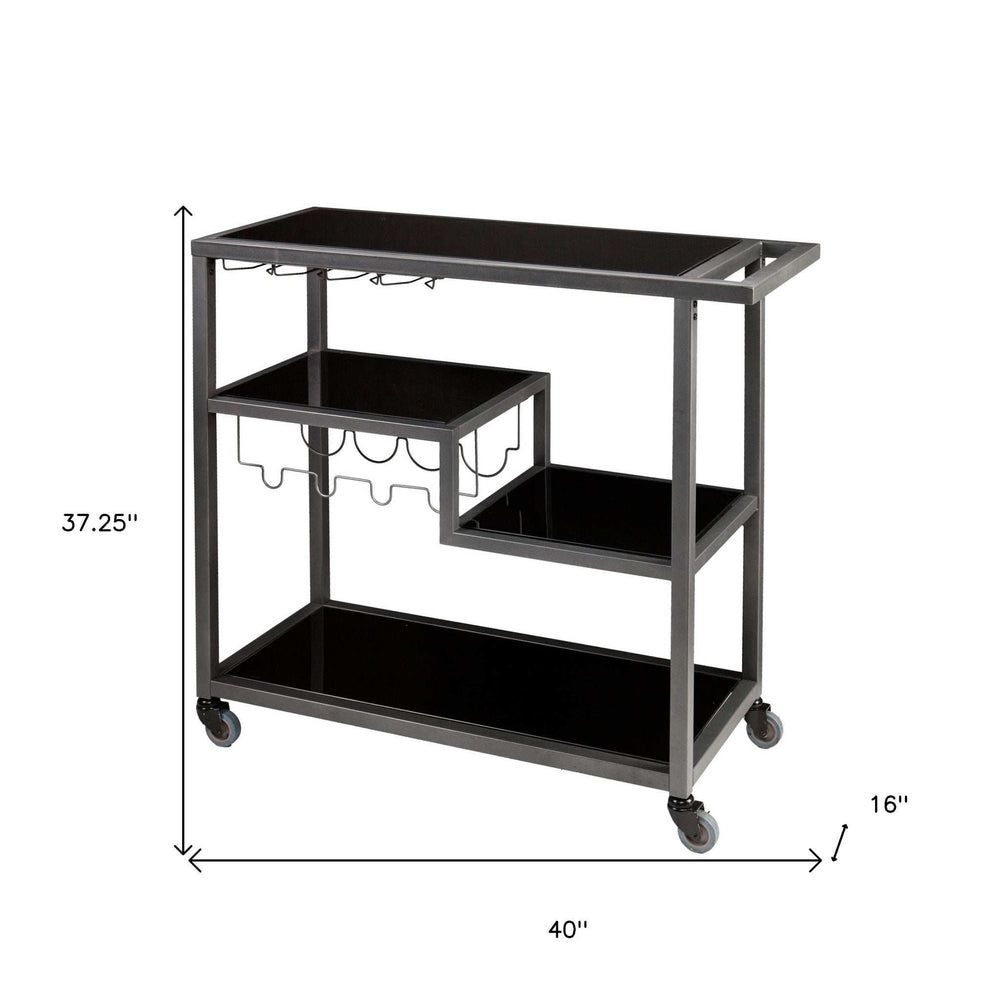Black and Gray Glass Rolling Bar Cart With Wine Storage - Homeroots - Flyclothing LLC