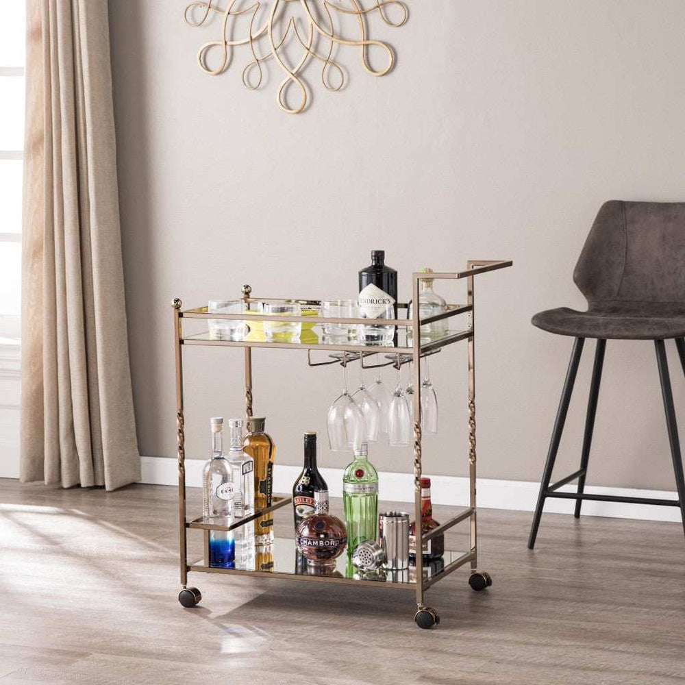 Champagne Metal And Mirrored Glass Rolling Bar Cart With Wine Storage - Homeroots - Flyclothing LLC