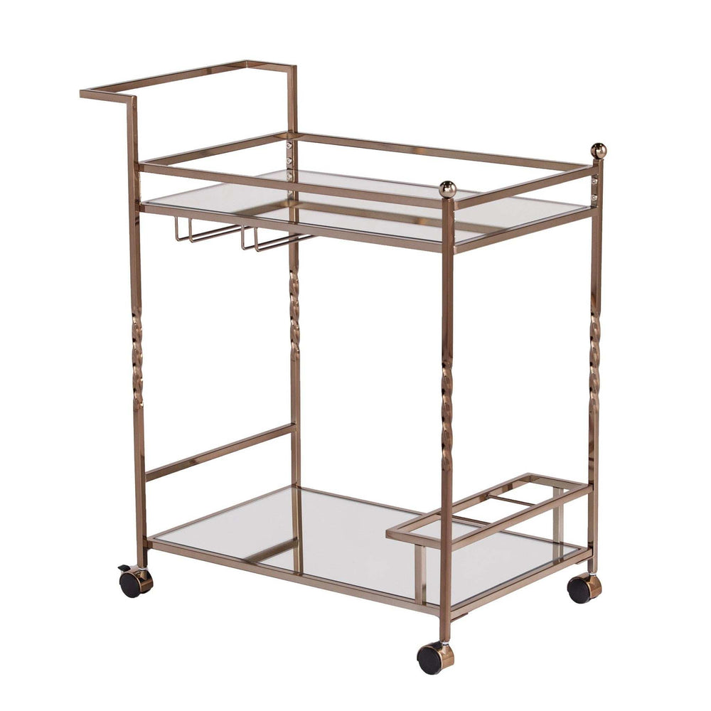 Champagne Metal And Mirrored Glass Rolling Bar Cart With Wine Storage - Homeroots - Flyclothing LLC
