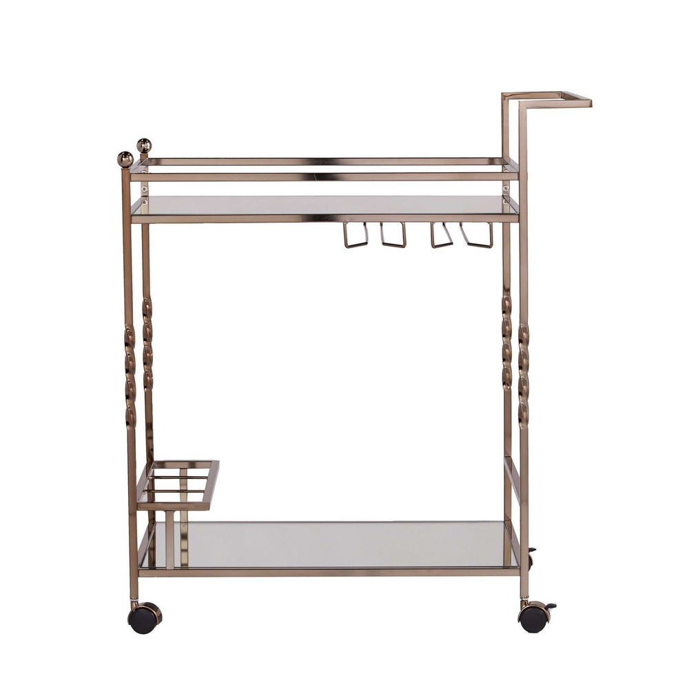 Champagne Metal And Mirrored Glass Rolling Bar Cart With Wine Storage - Homeroots - Flyclothing LLC