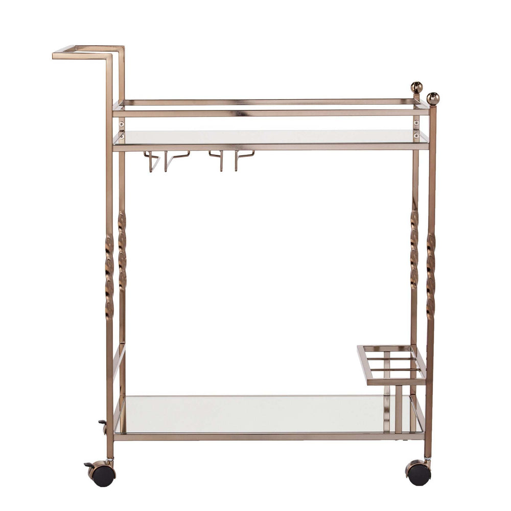 Champagne Metal And Mirrored Glass Rolling Bar Cart With Wine Storage - Homeroots - Flyclothing LLC