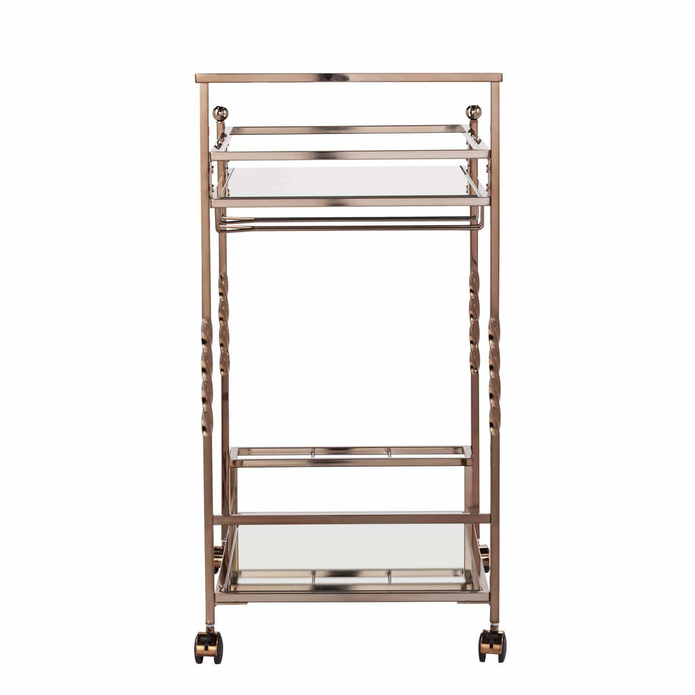 Champagne Metal And Mirrored Glass Rolling Bar Cart With Wine Storage - Homeroots - Flyclothing LLC