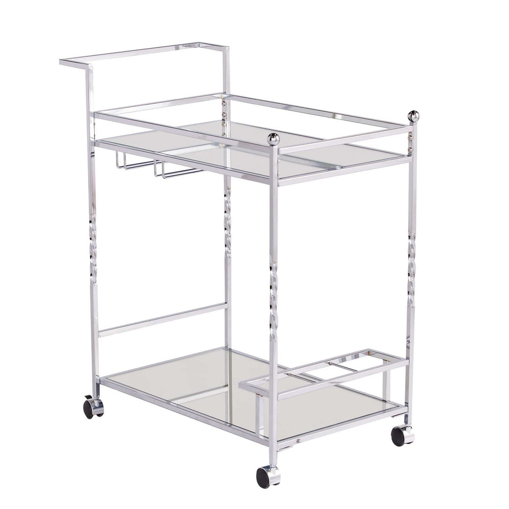 Silver Metal And Mirrored Glass Rolling Bar Cart With Wine Storage - Homeroots - Flyclothing LLC
