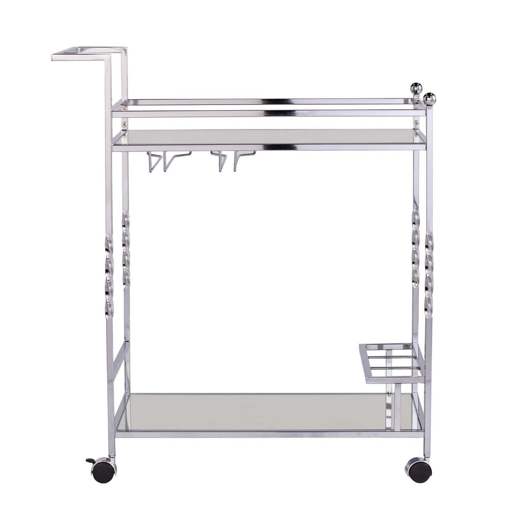 Silver Metal And Mirrored Glass Rolling Bar Cart With Wine Storage - Homeroots - Flyclothing LLC