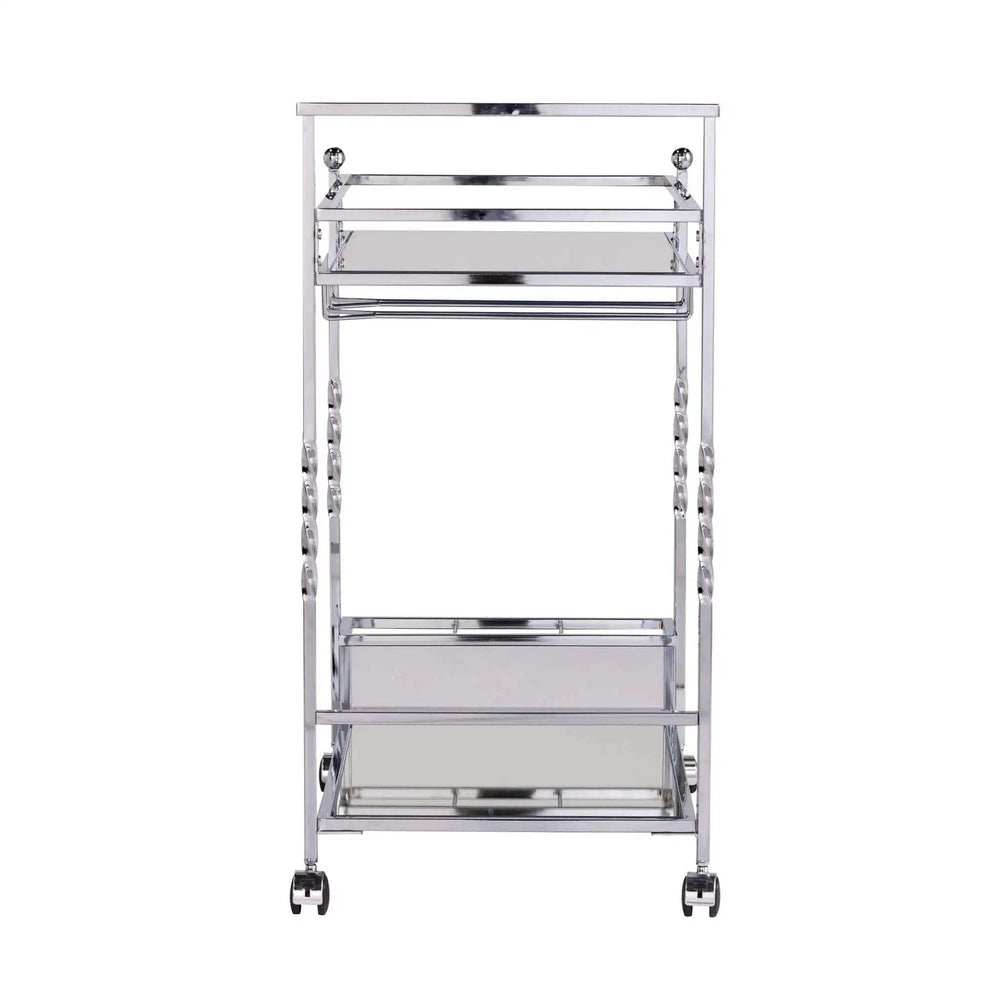Silver Metal And Mirrored Glass Rolling Bar Cart With Wine Storage - Homeroots - Flyclothing LLC