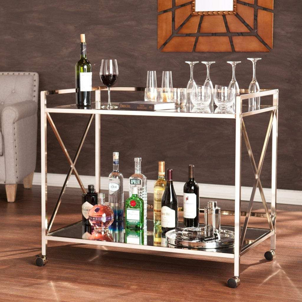 Gold Metal And Glass Rolling Bar Cart - Homeroots - Flyclothing LLC