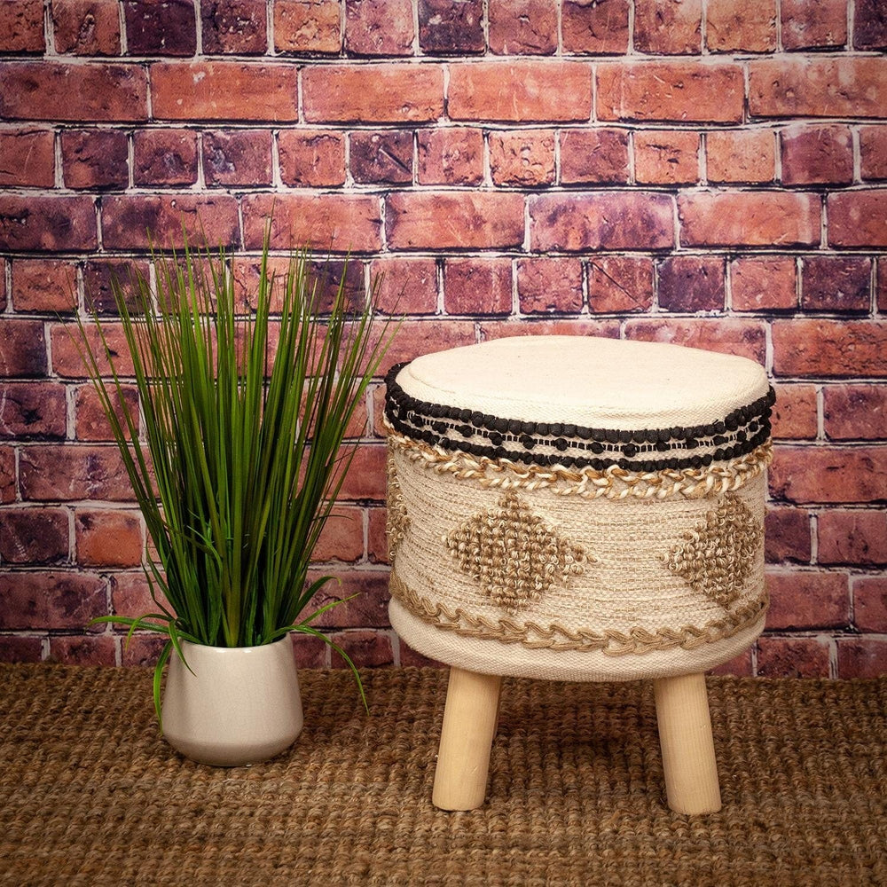 16" Beige Jute And Brown Round Abstract Ottoman - Homeroots