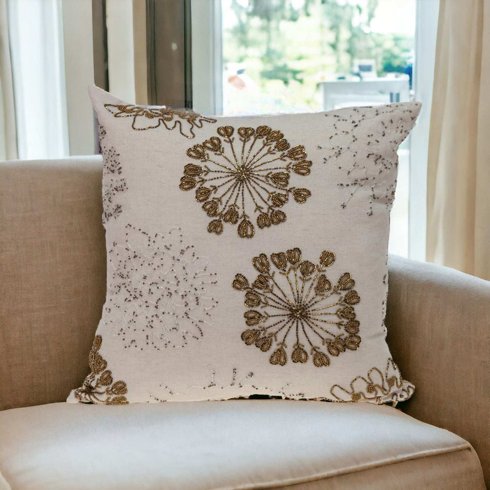 Natural and Golden Metallic Beaded Decorative Throw Pillow - Homeroots - Flyclothing LLC