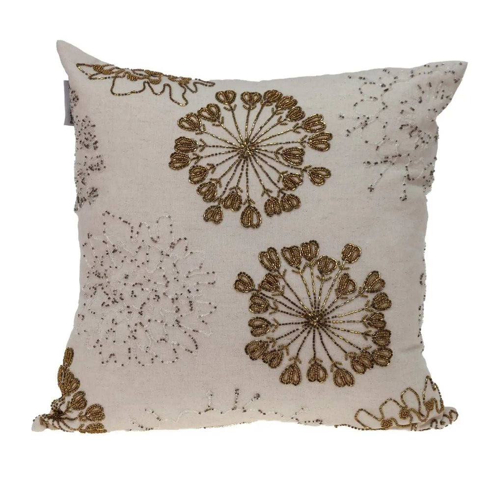 Natural and Golden Metallic Beaded Decorative Throw Pillow - Homeroots - Flyclothing LLC