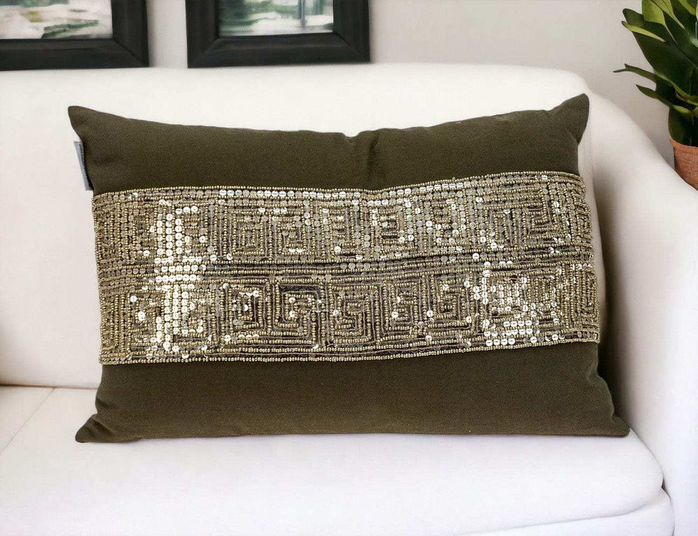 Glam Olive with Gold Sequins Lumbar Throw Pillow - Homeroots - Flyclothing LLC