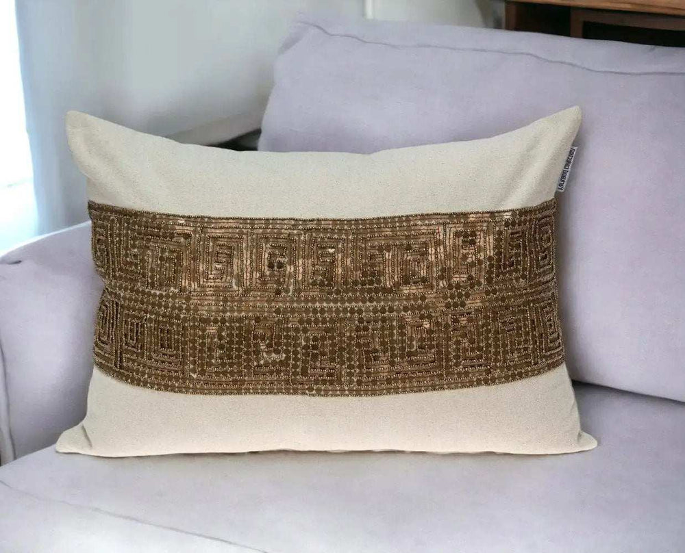 Glam Beige with Golden Sequins Lumbar Throw Pillow - Homeroots - Flyclothing LLC