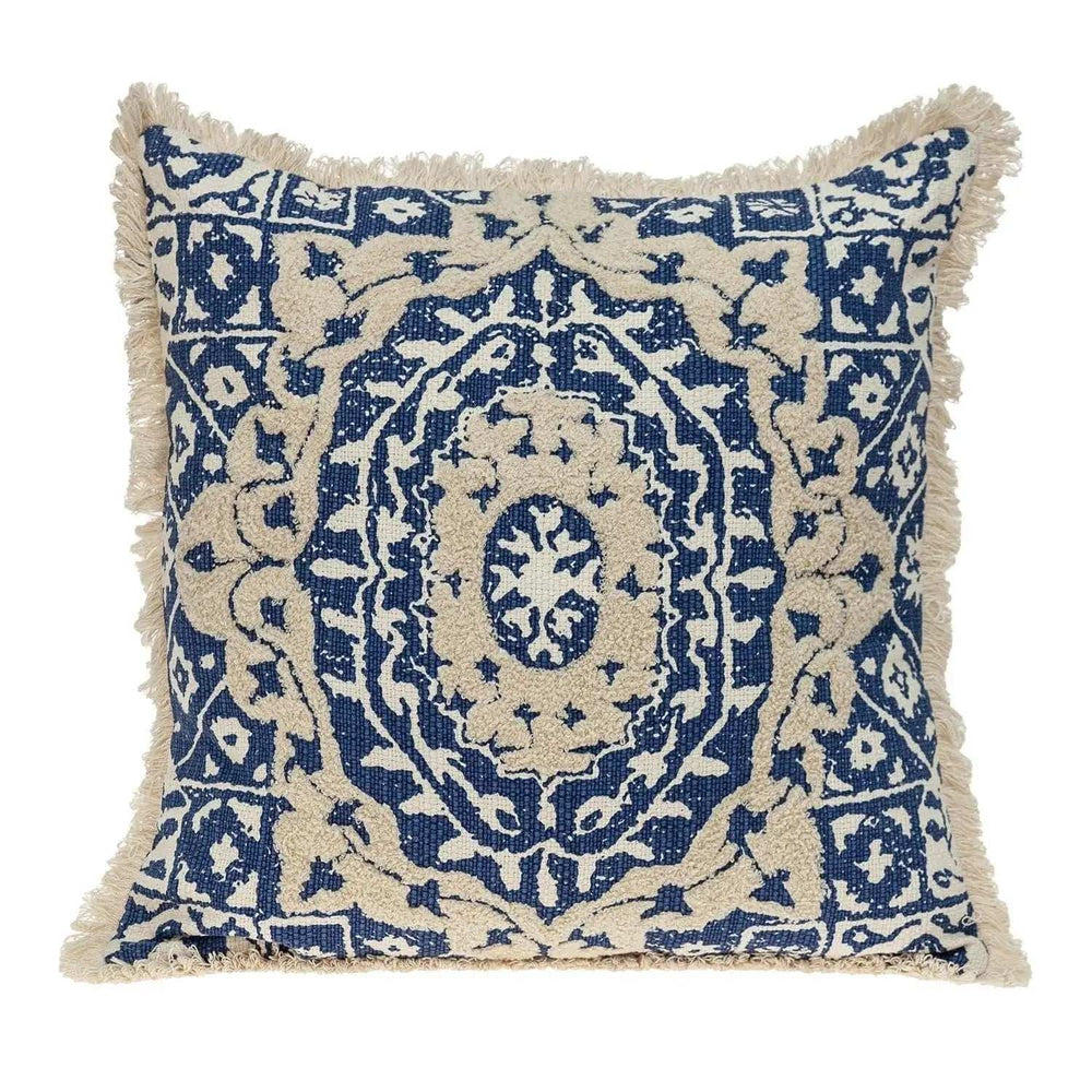Boho Garland Beige and Navy Blue Decorative Accent Pillow - Homeroots - Flyclothing LLC