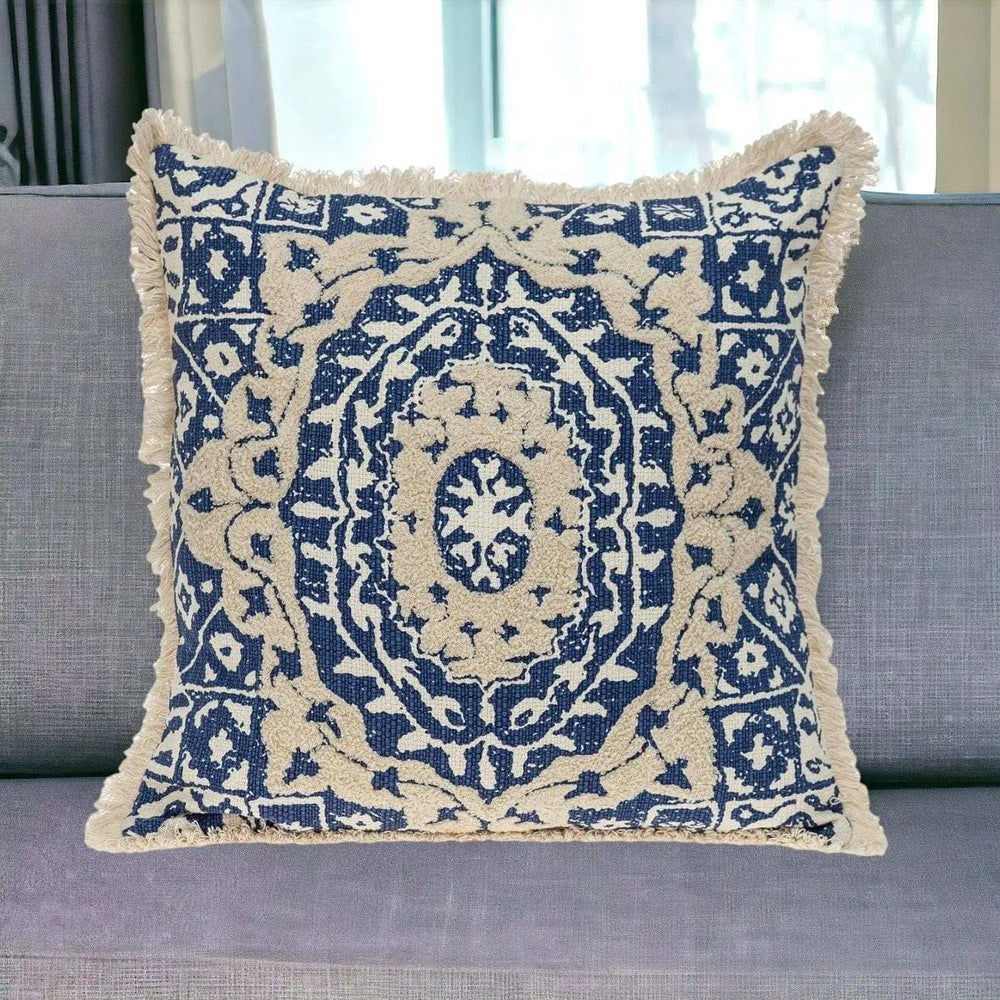 Boho Garland Beige and Navy Blue Decorative Accent Pillow - Homeroots - Flyclothing LLC