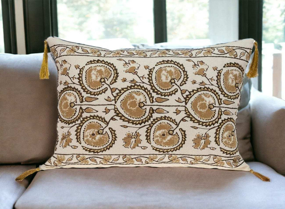Gold and Bronze Embroidered Decorative Lumbar Pillow - Homeroots - Flyclothing LLC
