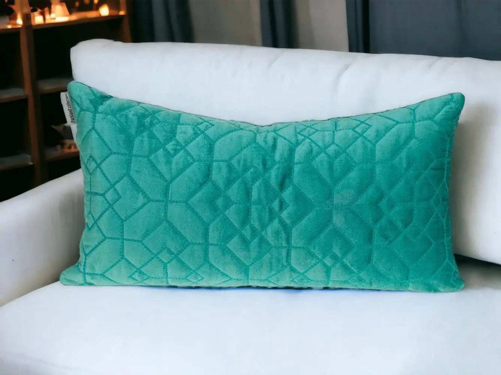 Aqua Quilted Velvet Geo Lumbar Decorative Pillow - Homeroots - Flyclothing LLC