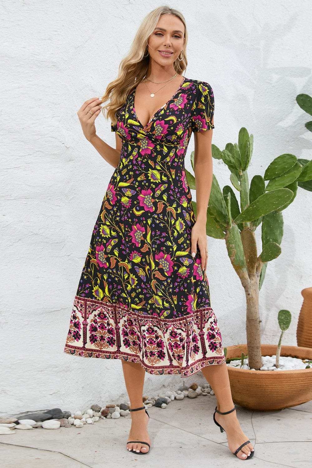 Printed Surplice Short Sleeve Dress - Trendsi - Flyclothing LLC