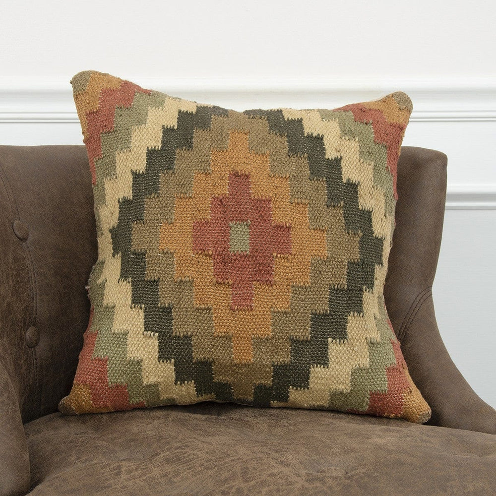 18" Brown and Green Geometric Jute Wool Blend Throw Pillow - Homeroots - Flyclothing LLC