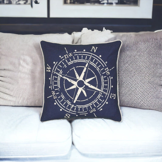 18" Navy and White Nautical Compass Throw Pillow - Homeroots