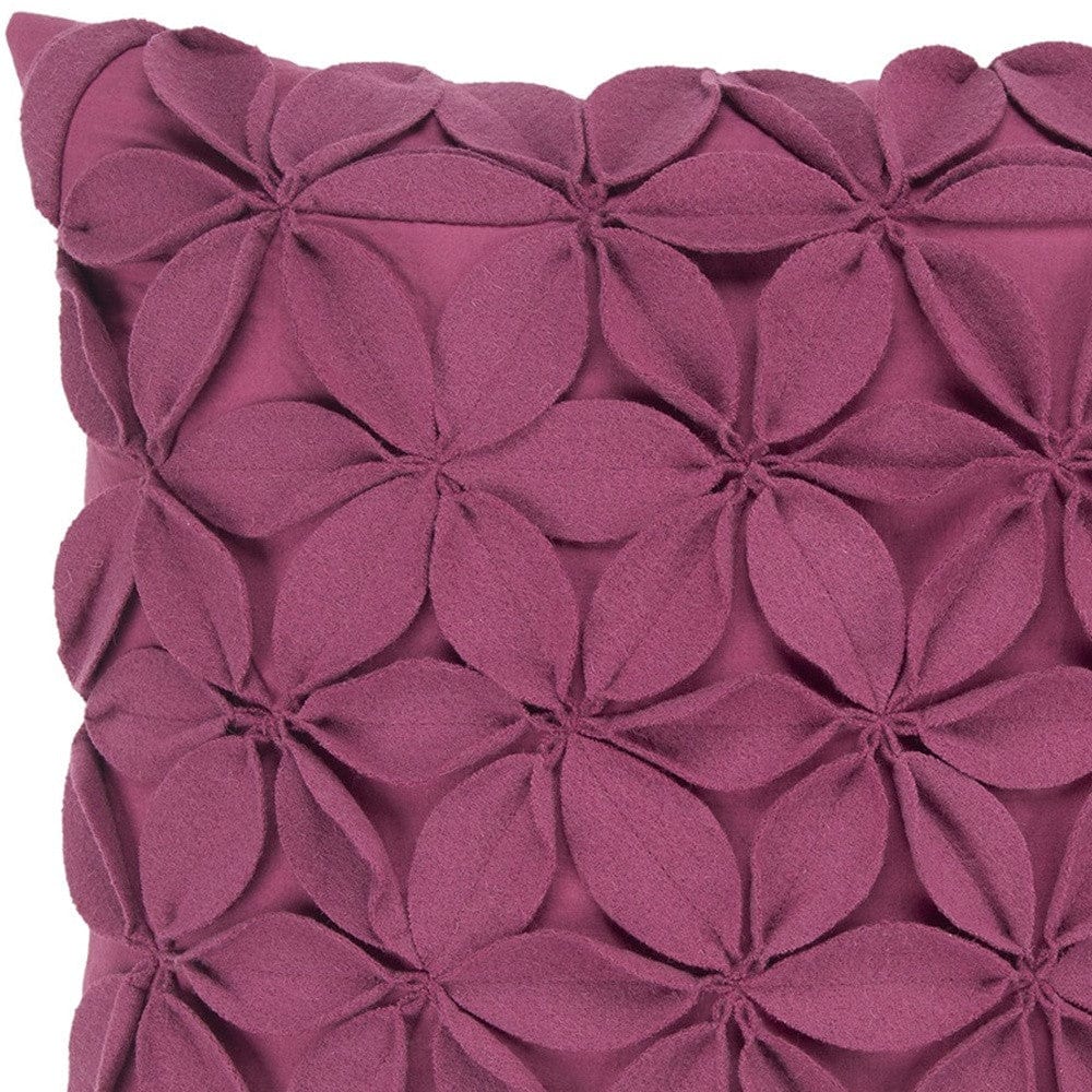 18" Magenta Floral Wool Blend Throw Pillow With Applique - Homeroots - Flyclothing LLC