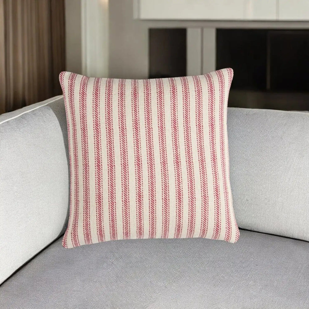 20" Red and Natural Ticking Stripe Cotton Throw Pillow - Homeroots - Flyclothing LLC