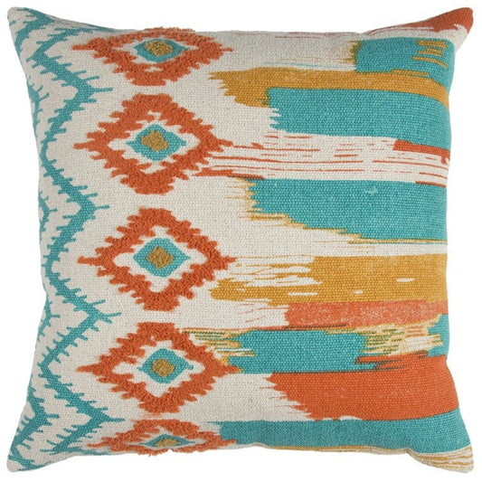 20" X 20" Ivory Blue and Orange Ikat Cotton Zippered Pillow With Embroidery - Homeroots