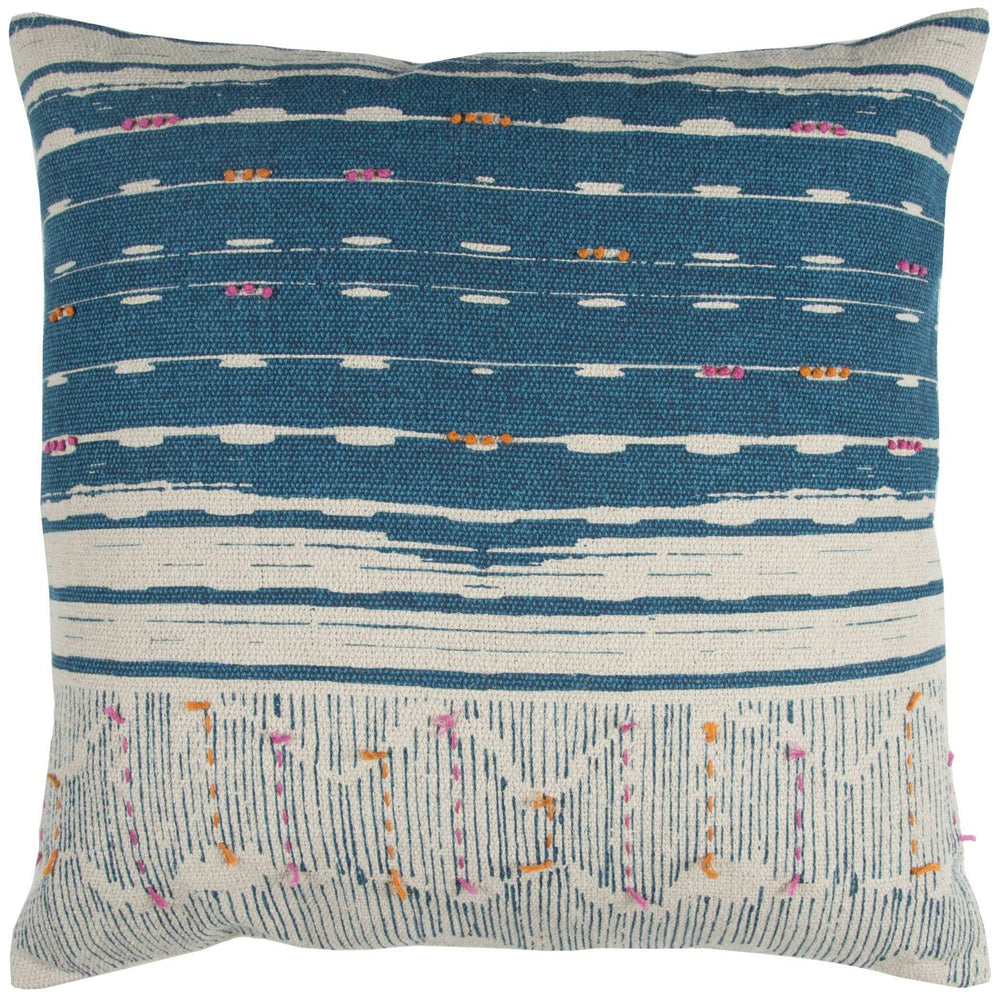Teal White Kantha Stitch and Knots Throw Pillow - Homeroots - Flyclothing LLC
