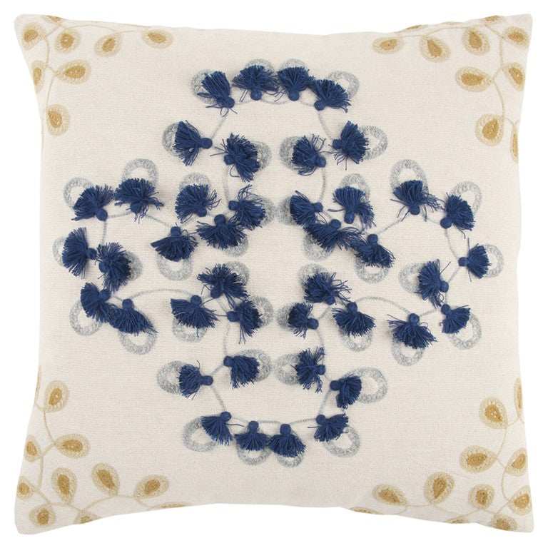 Ivory Navy Embroidered Tassel Throw Pillow - Homeroots - Flyclothing LLC