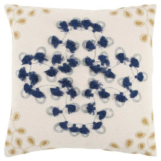 Ivory Navy Embroidered Tassel Throw Pillow - Homeroots - Flyclothing LLC