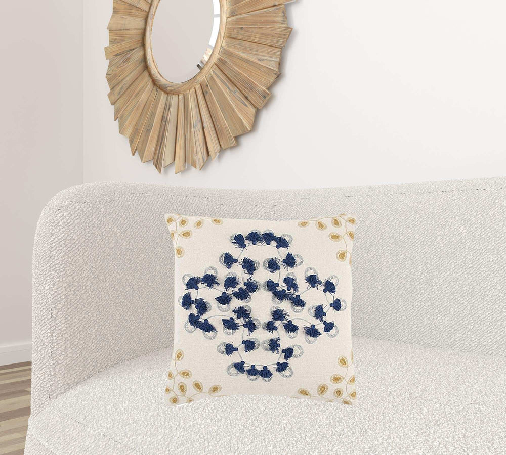 Ivory Navy Embroidered Tassel Throw Pillow - Homeroots - Flyclothing LLC